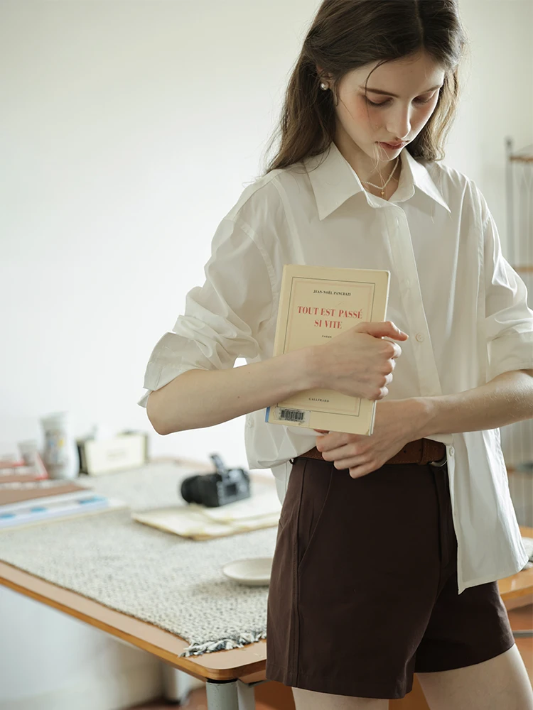 

Ladies Loose Long Sleeve Shirt Waist-Cinching Commute Versatile White Shirt Casual Style Cotton Polyester Blend Collar