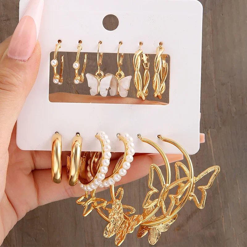 Fashion Geometric Metal Women\'s Earrings Set Boho Butterfly Pearl Dangle Earrings For Women Party Jewelry Gifts