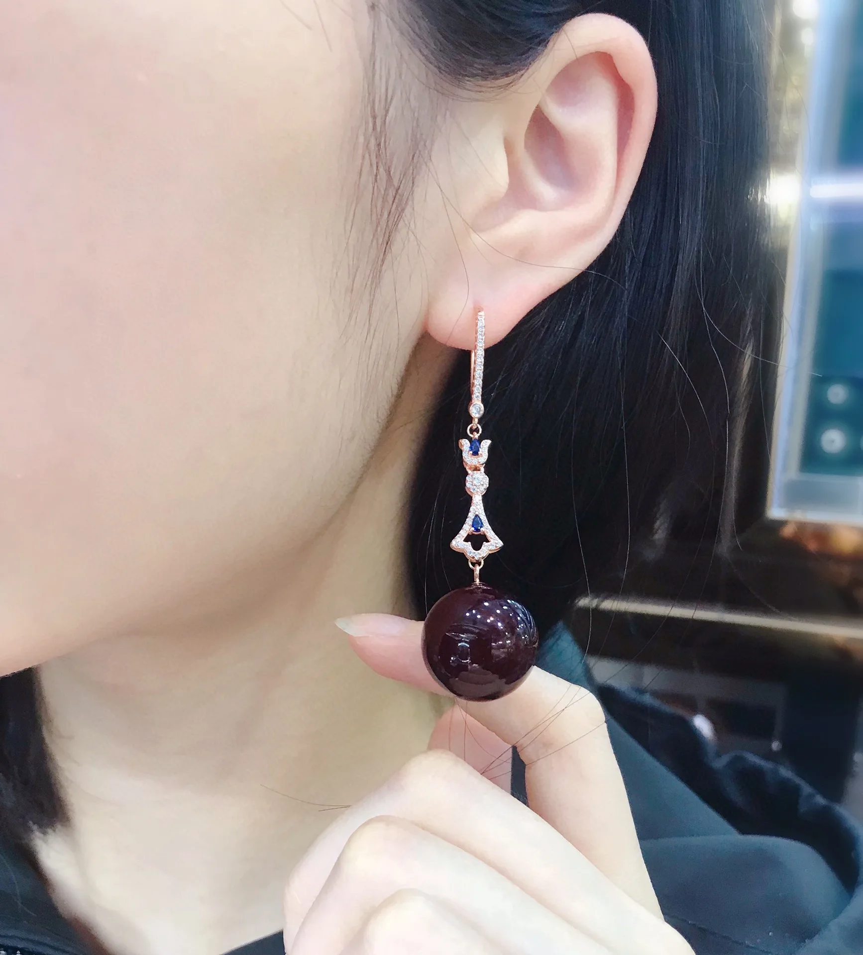 

Blood Amber Earrings Rose Gold Sterling Silver with Diamond & Sapphire 18mm Drop Earrings Gift for Her Valentine Love Jewelry