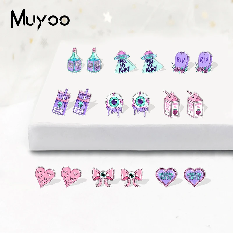 Pendientes de tuerca acrílicos de epoxi, bolas de Ojos de estilo púrpura, Alien, Helado, postre, Graffiti mezclado, garabatos, manualidades, nuevo, 2021