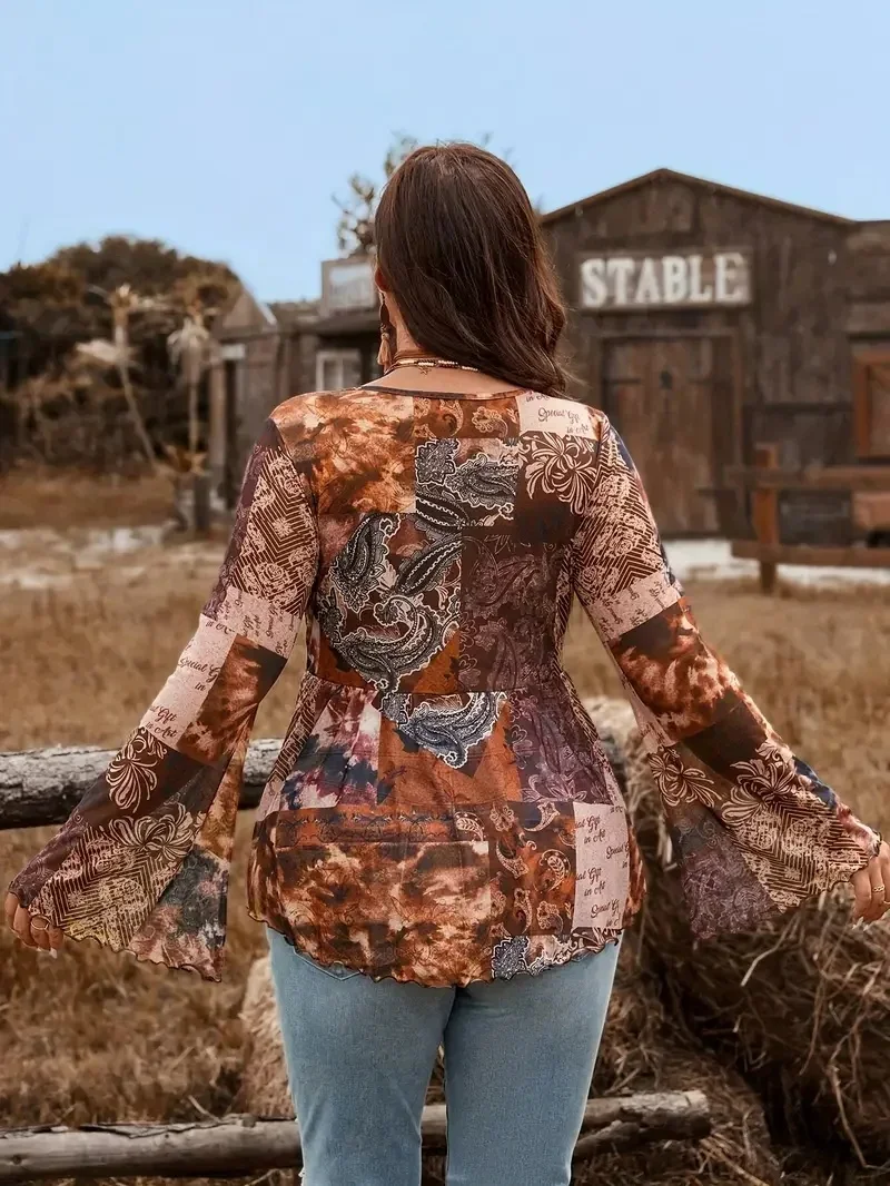 بلوزة شبكية عصرية بمقاس كبير مع مرقع مضلع مثير وحجم موسع للسيدات - ربطة عنق حريرية رائعة وأكمام طويلة