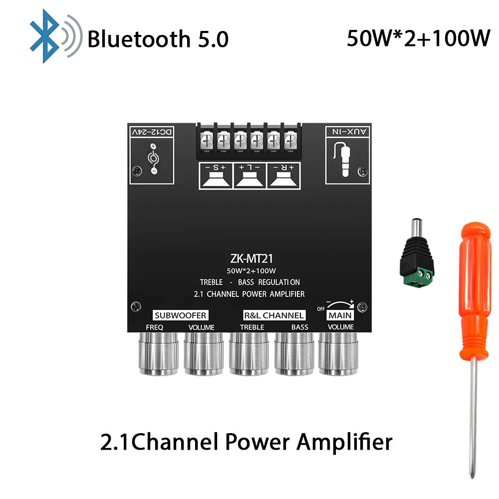 

ZK-MT21 Модуль усилителя звука 2x50 Вт + 100 Вт 2,1-канальный сабвуфер Bluetooth 5,0 Плата цифрового усилителя мощности AUX 12 В/24 В Стерео