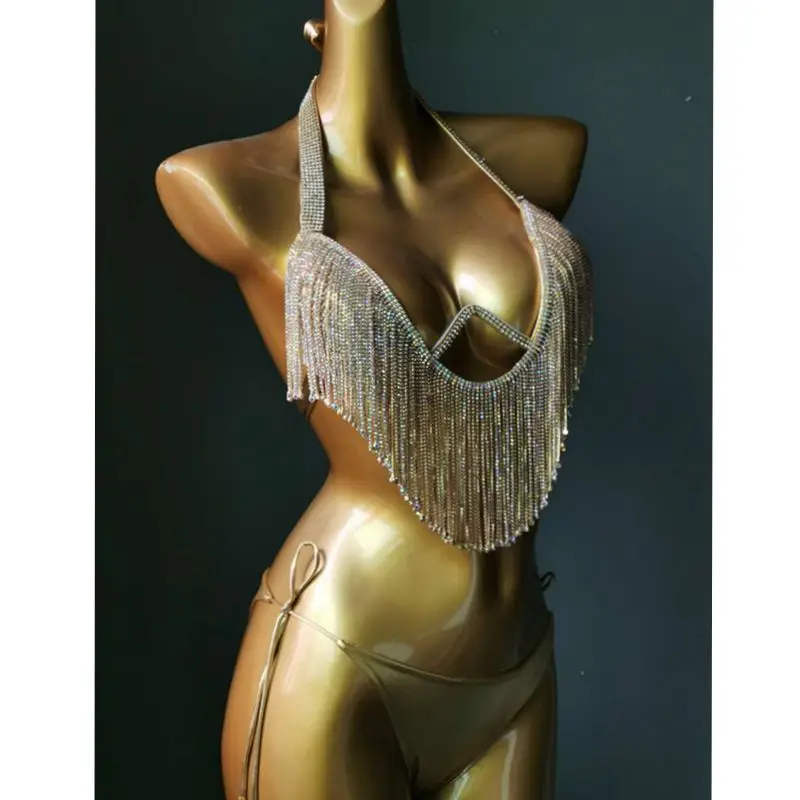 Maillot de bain à glands en diamant avec biscuits, ensemble de bikini, bling, cristal de charbon, bain trempé, maillot de bain, 2023