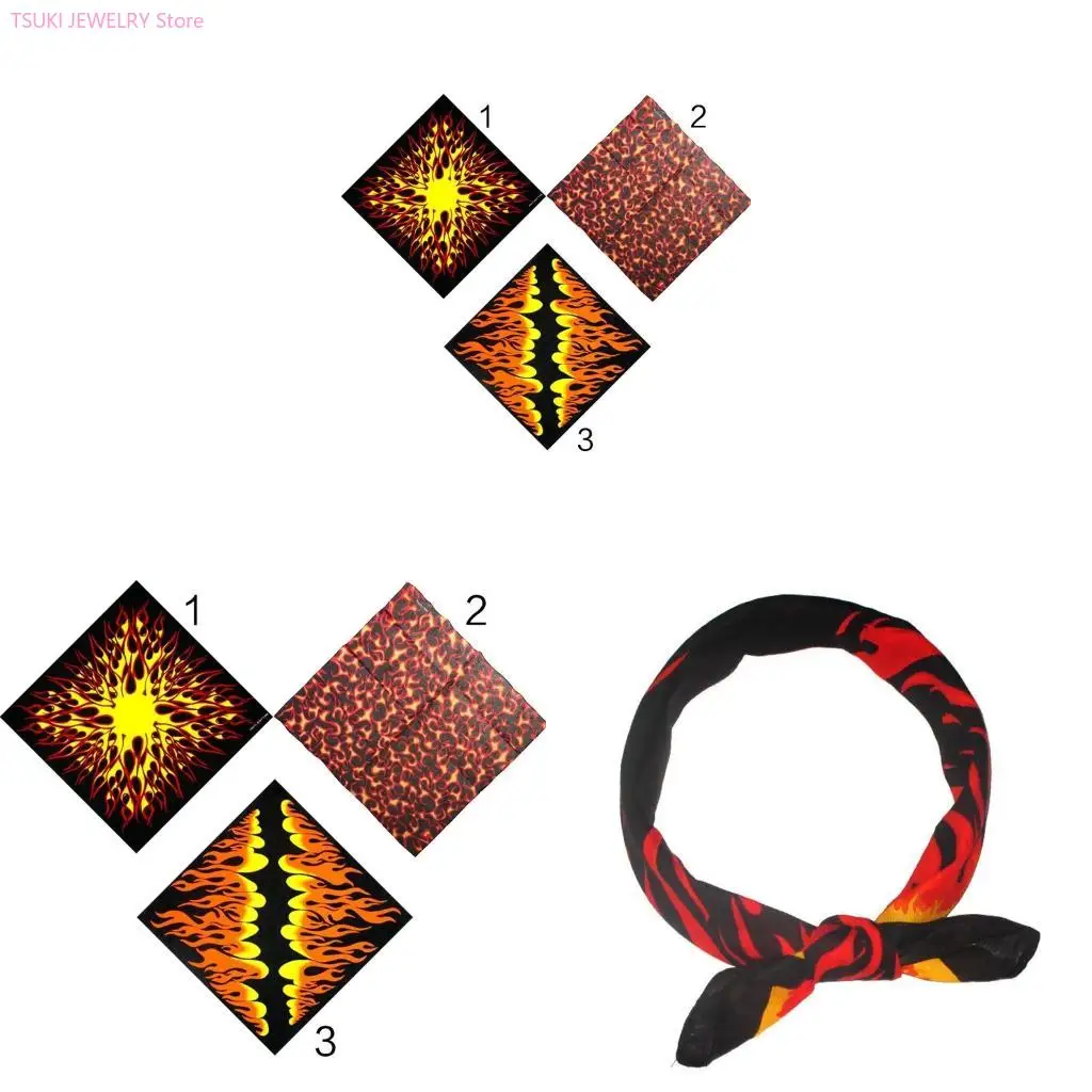 

62KE Unisex Cotton Hip Hop Bandana Harajuku Flame Print Hair Band Square Scarf Mask