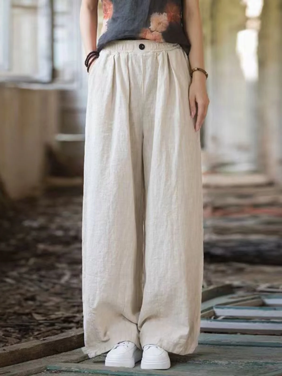 Hochgeschnittene Weite Hose mit Geradem Schnitt für Damen, Lässige Lose Leinen-Baumwoll-Mischung, Bodenlange Hose, Sommer 2024 Neu