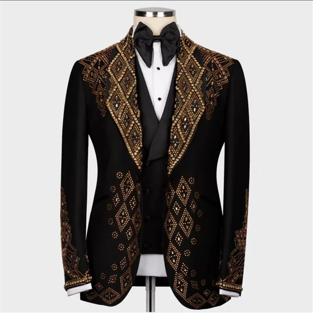 Luxury Men Black Dress Suits 2 Piece Regular Fit Customized Beaded Crystals One Button Slim Fit tuxedo for wedding