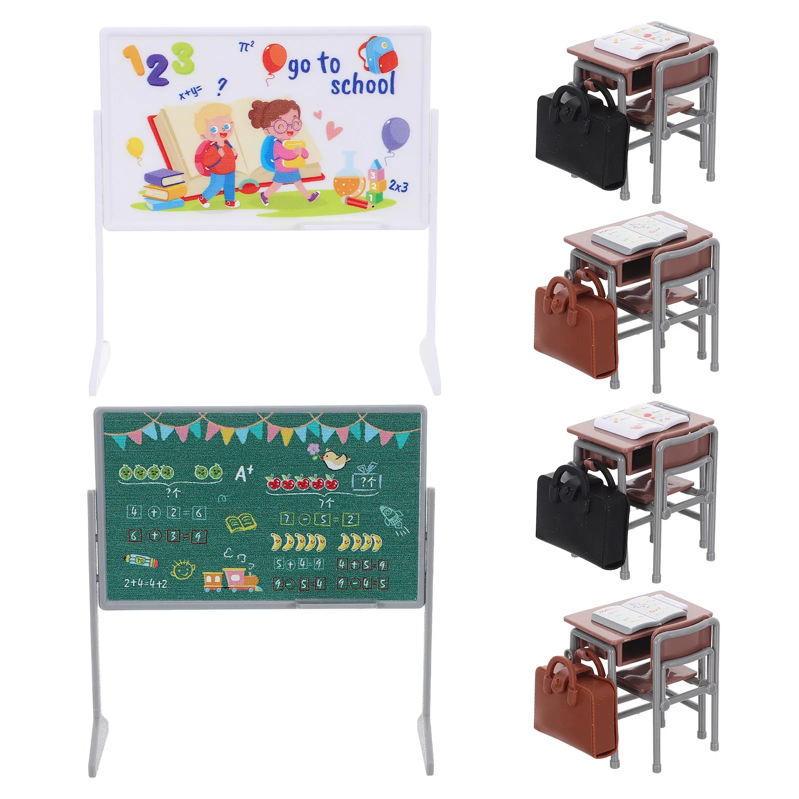 Mini Classroom Decor Set: Tiny Desk, Chair, Blackboard, Book & Backpack for Study Diorama Display
