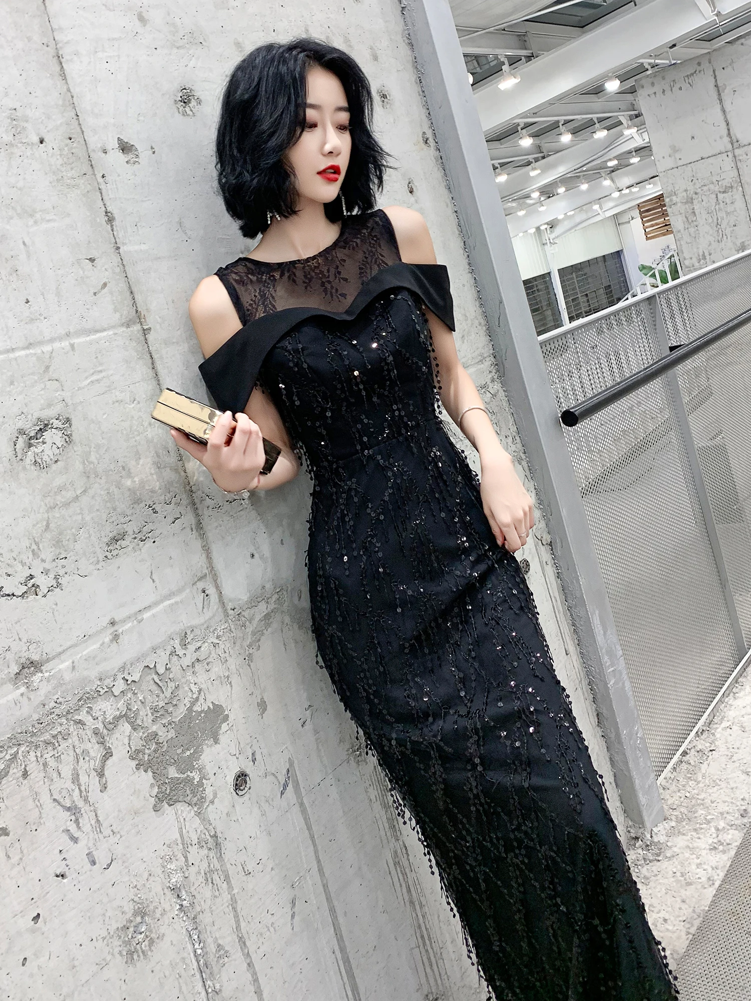 

Ele Bla Evening Gown Women's Faionable Dr Host Sle High-end Luxury Simple Pure Color Long Skirt Wedding