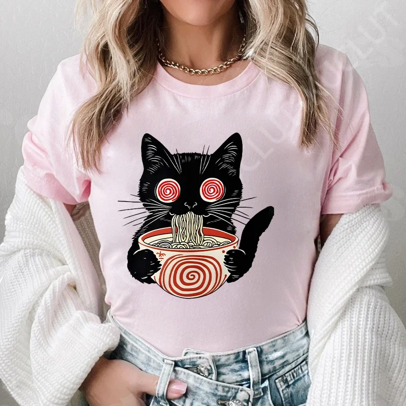 Women Short Sleeve Top Summer New Noodle Cat Cartoon Print T-shirt Korean Fashion Women Tops Ramen Black Cat Loose T Shirt Women