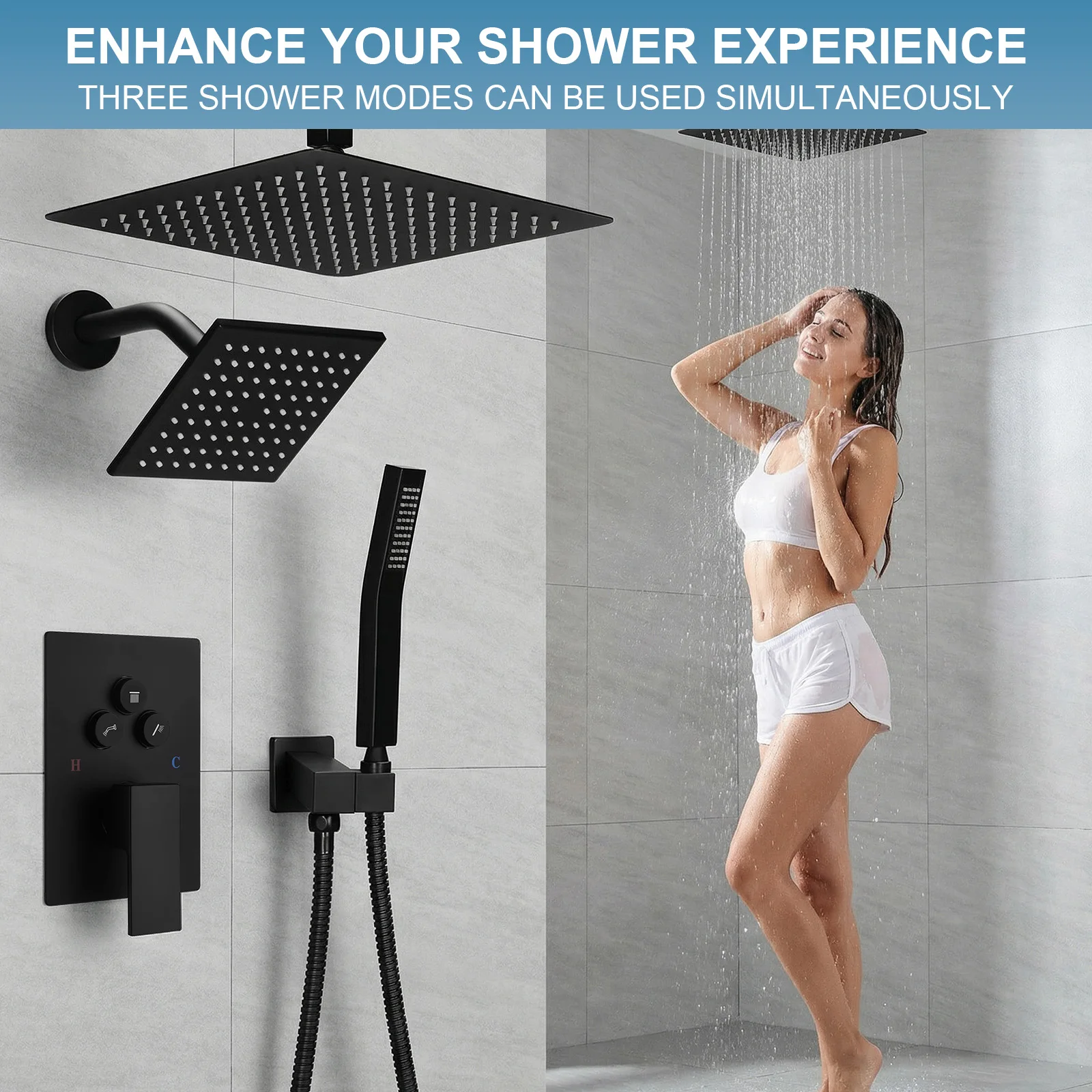 Shower System Set W/ 12in Ceiling Mount 6in Wall Mount Showers Head Push Button Diverter with 2 in 1 Handheld for Bathroom