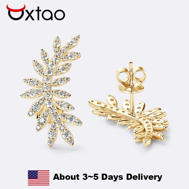 

OXTAO Leaves Climber Moissanite Stud Earrings Female Jewelry Lab Diamond 100% 925 Sterling Silver Earrings Wedding Accessories