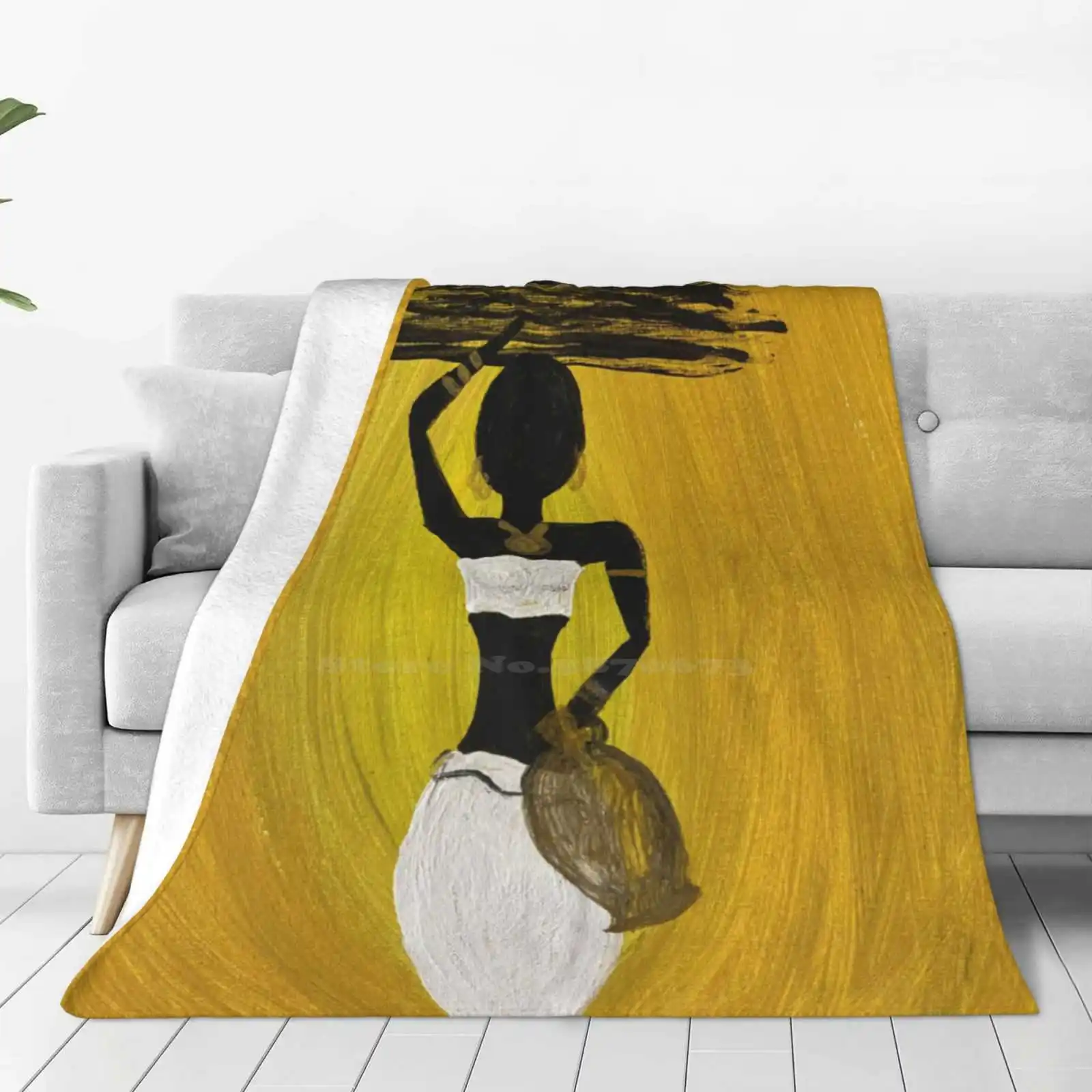 Sistah In Silhouette! Hot Sale Printing High Qiality Warm Flannel Blanket African Woman Baskets On Head Twigs Traditional Gold