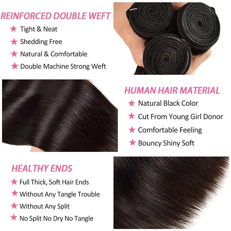 Mèches Brésiliennes Naturelles Lisses avec Closure pour Femme, Extensions de Cheveux Humains, 4x4