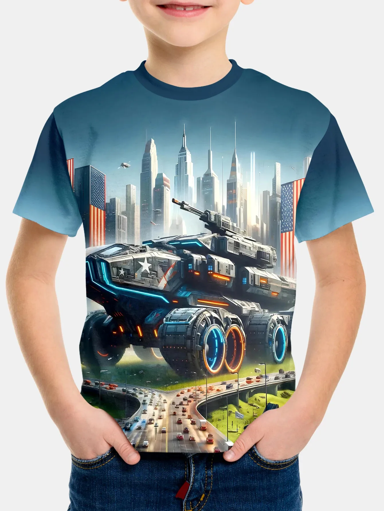 T-shirt do guerreiro cyberpunk para meninos, manga curta, gola O, tops respiráveis casuais, roupas infantis, novo, verão, 2022