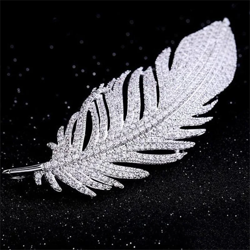 Luxury Exquisite Full Rhinestone Feather Brooches For Women Girls Elegant Temperament Brooch Fine Jewelry Accessories Gifts