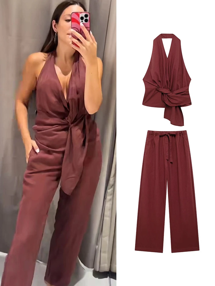 TRAF 2024 Women Solid Halter Top Pant Suits Fashion Asymmetrical Backless Side Zipper Tank Top Wide Leg Trouser Causal Sets