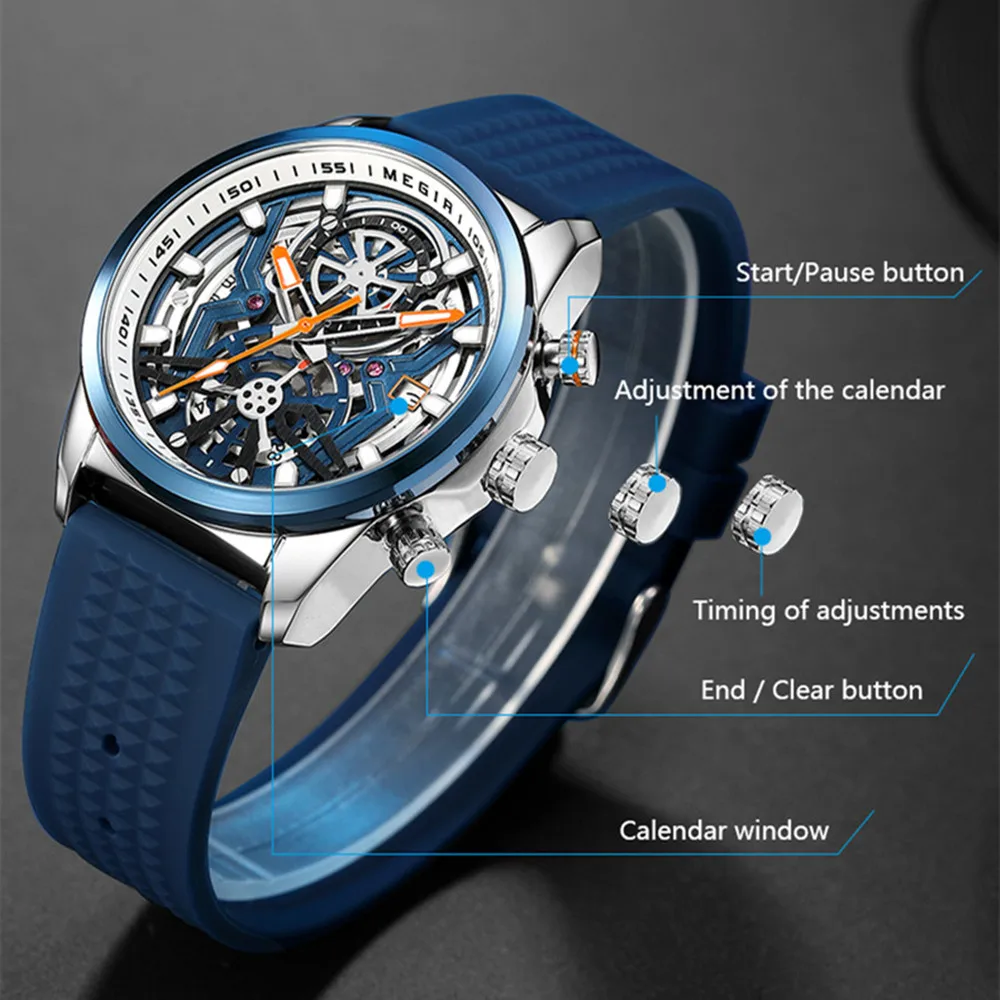 MEGIR ماركة ساعات رجالية موضة الرياضة كوارتز ساعة اليد مقاوم للماء مضيئة الهاتفي تاريخ ساعة الذكور عادية كرونوغراف Relogio