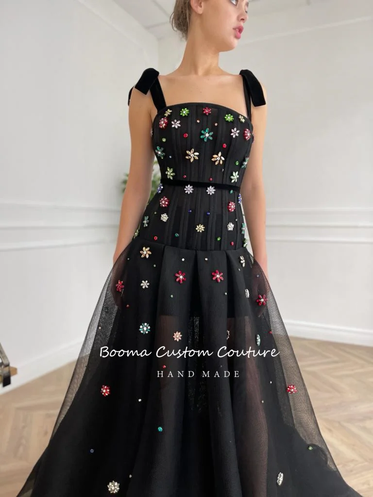 Booma Black Mesh Net Tulle A-lijn Prom Dresses Spaghettibandjes Kristallen Fluwelen Sjerpen Lange Avondjurken Formele Partij Jassen