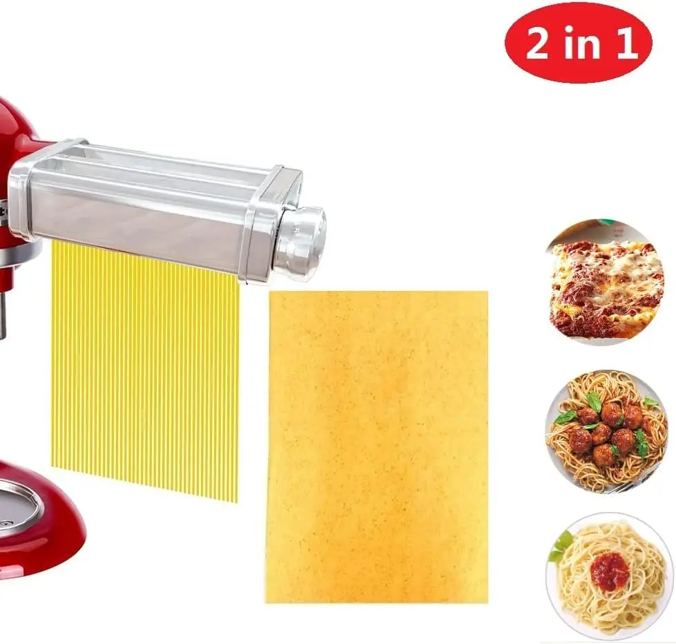 Stainless steel 2 in 1 Pasta Maker Attachment for all KitchenAid, Included Pasta Sheet Roller, Spaghetti Cutter,Cleaning Brush