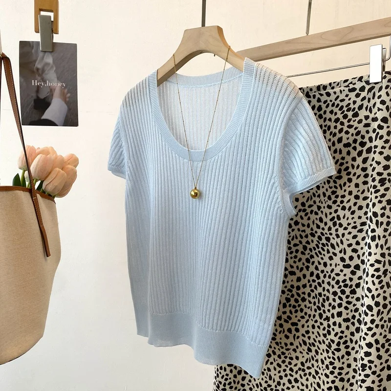 

Dave&di 26 Summer New Product: U-neck Short Sleeve Knitted Shirt Lanjing Thin Breathable Round Neck Solid Color Top