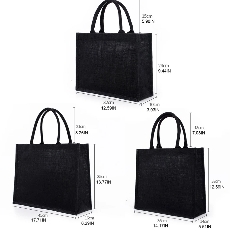 สีดำ Jute Tote กระเป๋าผู้หญิงกระเป๋าถือ Burlap กระเป๋า Soft Handle เพื่อนเจ้าสาวงานแต่งงาน Christmas Party ของขวัญ