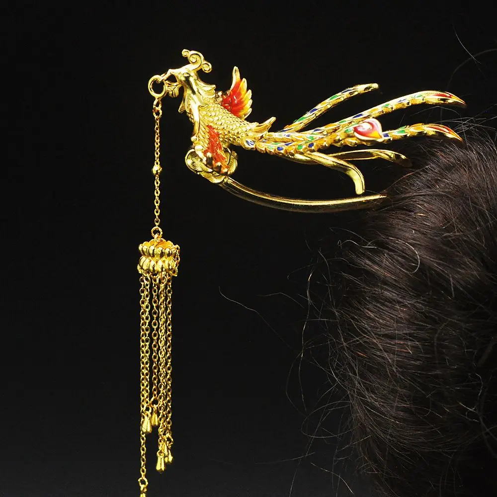 

Позолоченная из сплава красочная эмалированная заколка для волос Феникс в стиле ретро, головной убор для волос ханьфу, свадебная заколка Феникса