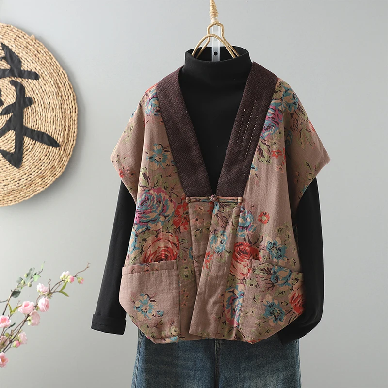 เสื้อกั๊กผ้าฝ้ายสไตล์จีนย้อนยุค ป้องกันริ้วรอย ระดับไฮเอนด์ สำหรับฤดูหนาว ลายพิมพ์ อบอุ่น ทรงหลวม พร้อมแผ่นรองไหล่