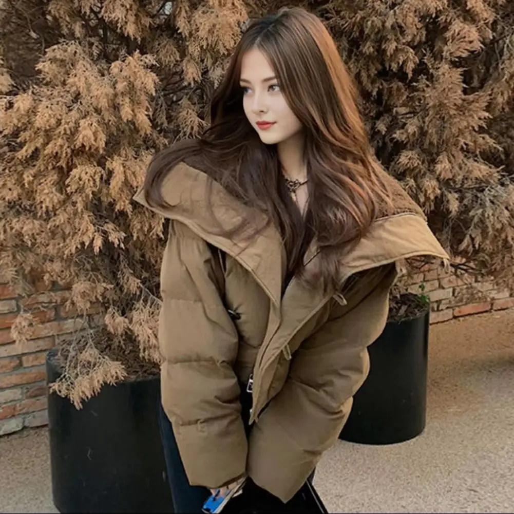 

Short Type Women Winter Cotton Coat Korean Style High Collar Cropped Parkas Thickened Padded Single-breasted Stretchy Overcoat
