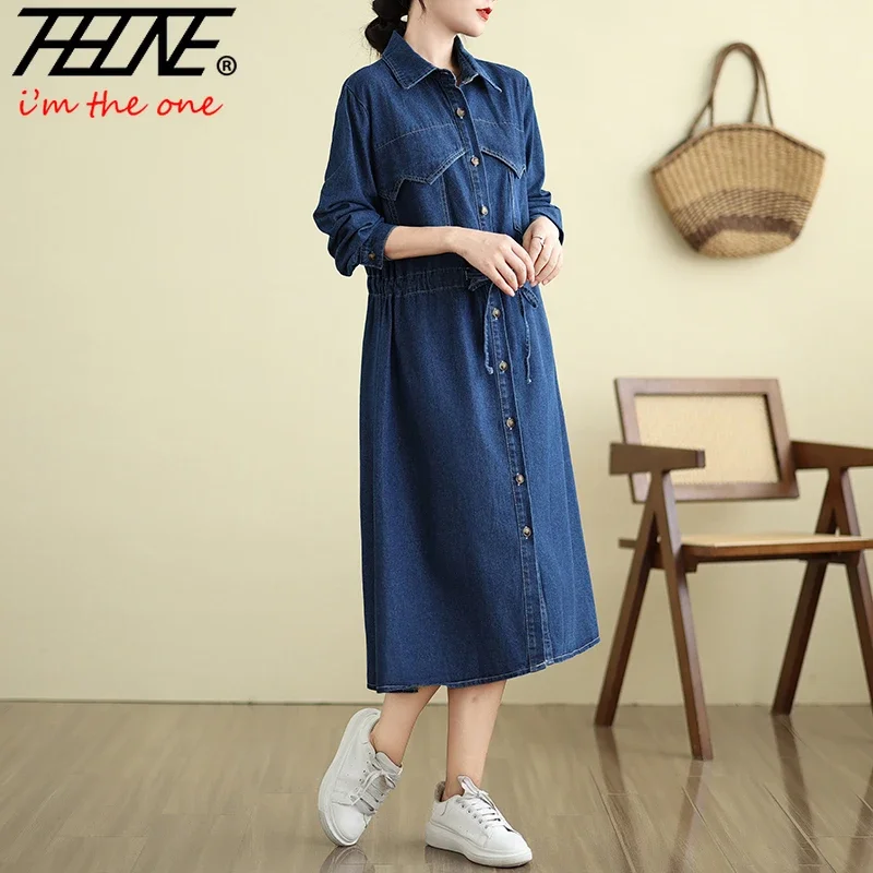 THHONE New Autumn Winter Denim Dresses for Women Long Sleeve Vintage Solid Loose Casual Adjustable Waist Turndown Collar Dresses