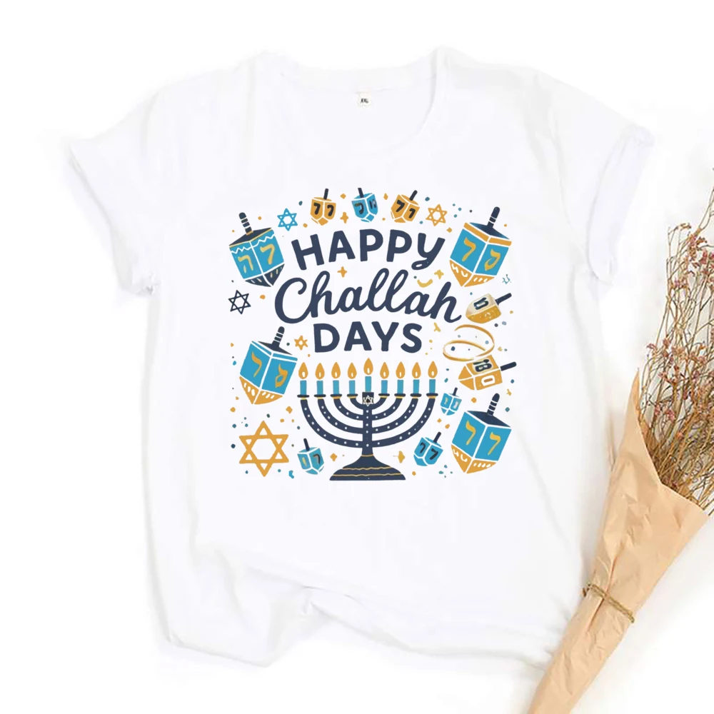 Happy Challah Days Printed Women Shirt Jewish Holiday Female T-shirt Outfit Hanukkah Girls Retro Clothes Short Sleeve Tee Tops