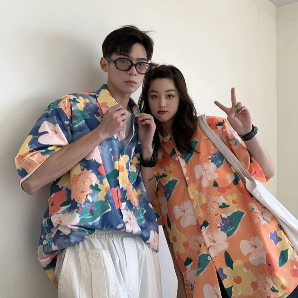 

Chic Loose Couple Clothing T-Shirt V-neck Button Up Beach Flower Blouse Short Sleeve Retro Sweet Girls Shirts Men Women