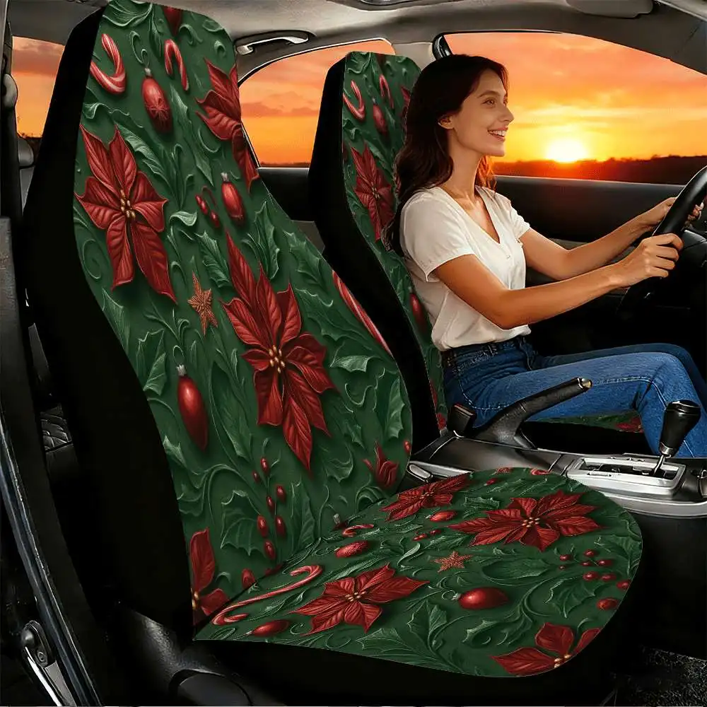 2pcs Red Poinsettia And Candy Cane Car Seat Covers Suitable For Front Seats, High Back Design, Material, Suitable For Cars, SUVs