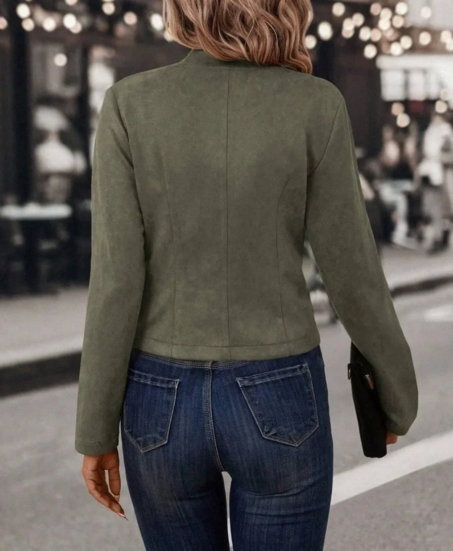 Damen-Blazer mit Stehkragen, offener Front, doppelter Knopfleiste auf beiden Seiten, langen Ärmeln für den täglichen Freizeitgebrauch. – Detail 4