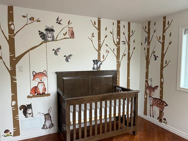 Woodland Nursery Wall Decor 6 Birch Trees Fox & Friends Fox Deer Owl Squirrel Bunny Raccoon Birds Wall Decal Neutral Nursery Eas