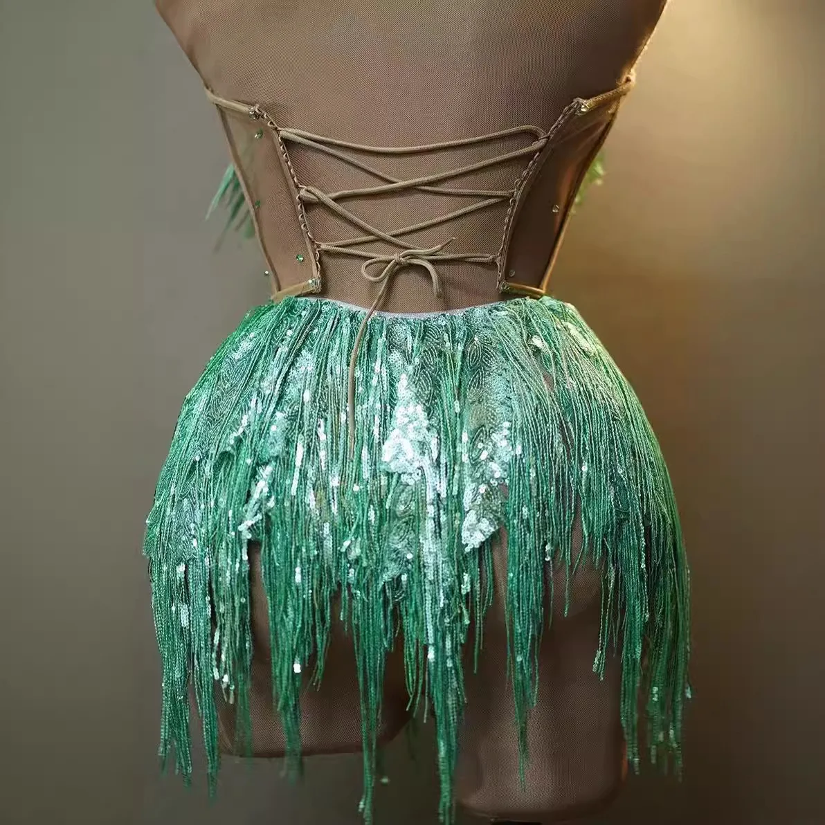 Combinaison sans bretelles à franges vertes, coupe cintrée, pour Bar, discothèque, fête de vacances, chanteuse leader, Costume de spectacle sur scène de danse