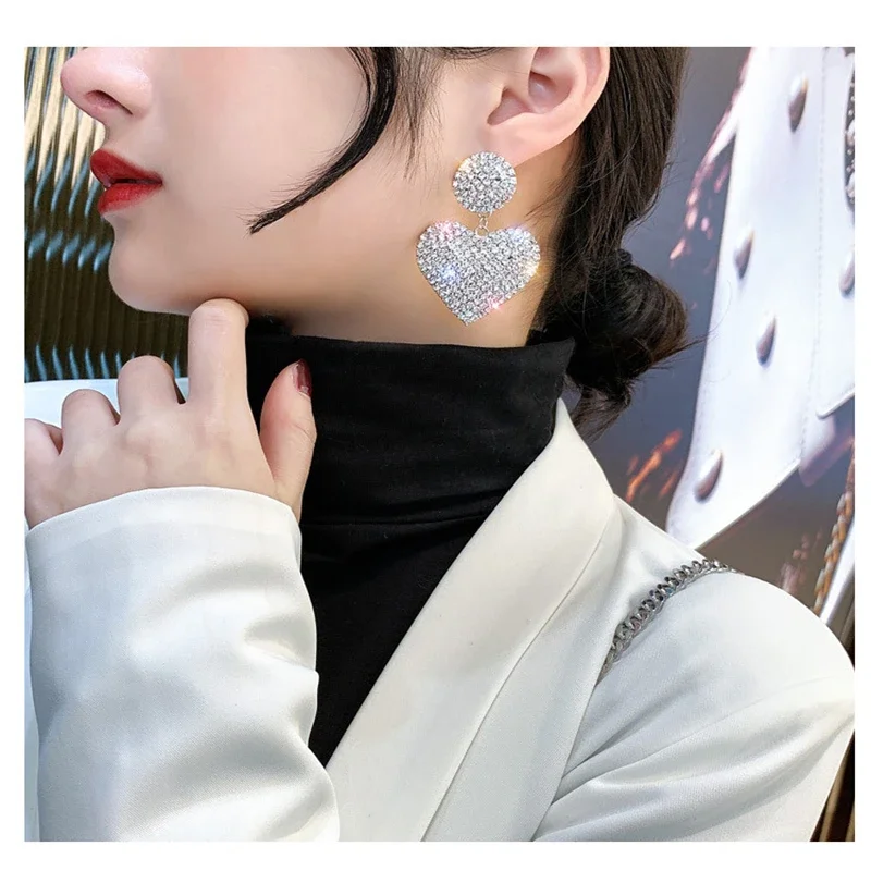 New Heart Earrings Women's Luxurious Geometric Full Rhinestone Earrings Korean Gold Color Love 2020 Fashion Jewelry - view 5