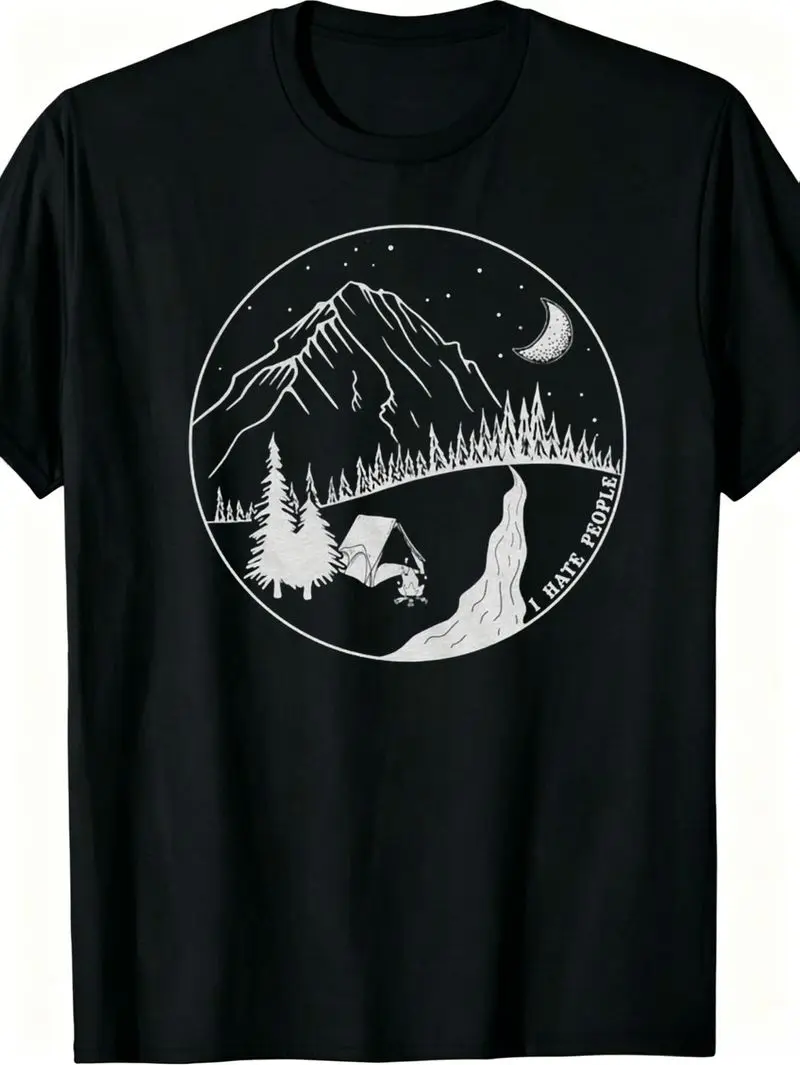 1pc Mens Graphic T Shirt Mountain Forest Camping Print Short Sleeve Crew Neck Outdoor Theme Tee with I Hate People Slogan