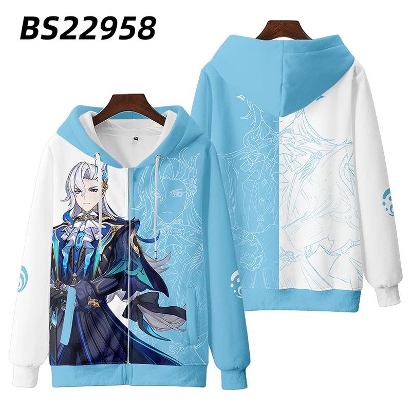 Genshin Impact Cosplay Jaqueta com capuz para homens e mulheres, 3D Print Zip Up Hoodie, moletom Harajuku, Streetwear, Neuvillette, Game, Y2K