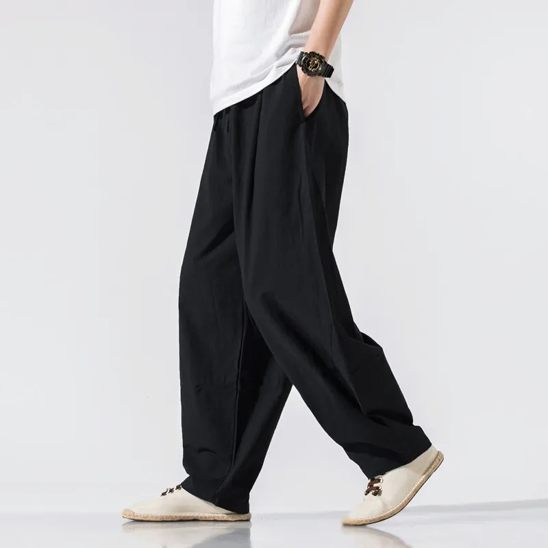 

Summer Thin Cotton Linen Men's Pants Loose Wide Leg Long Lantern Pants Harajuku Style Casual Trousers for Middle-Aged Men