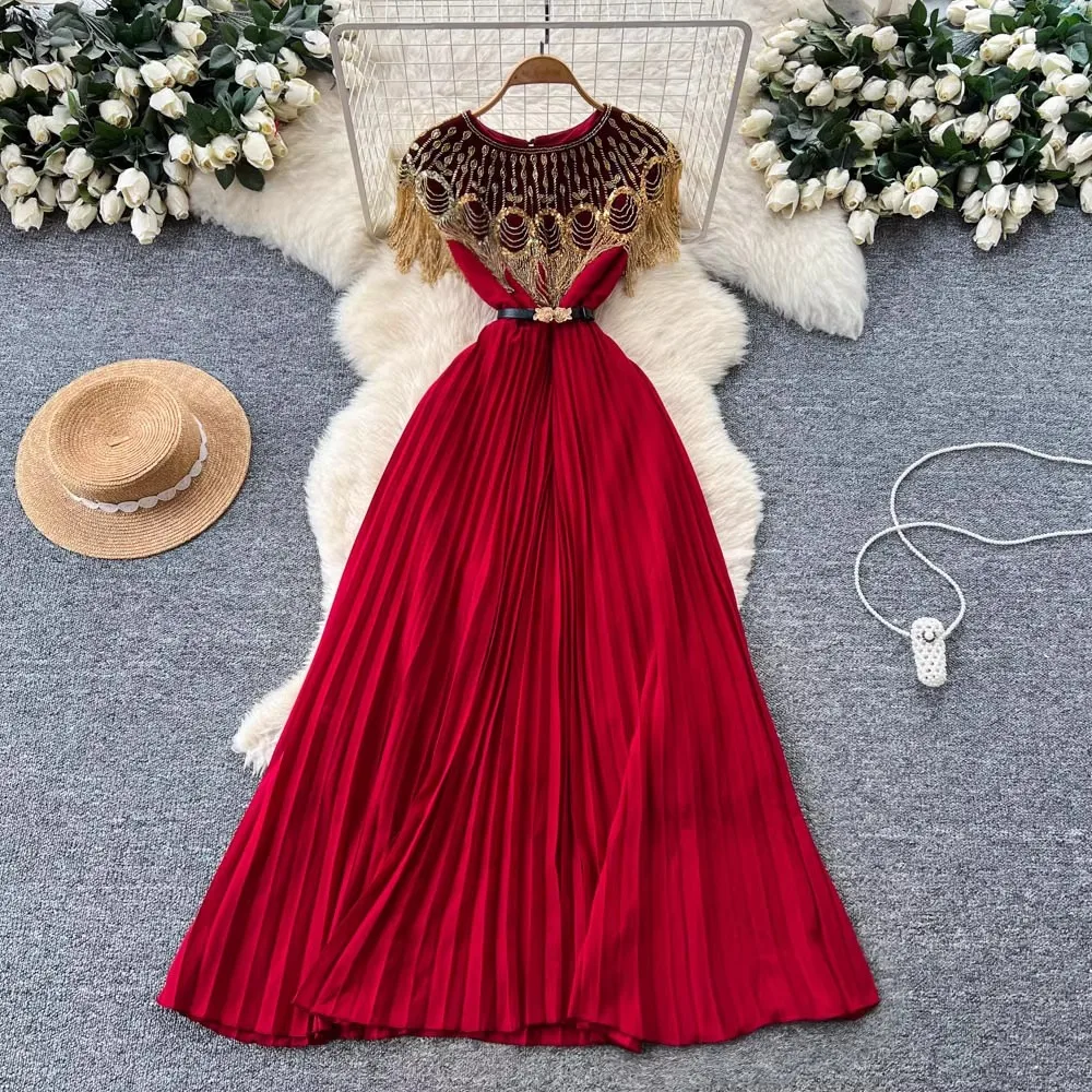 

Summer Luxury Crystal Beading Long Chiffon Dress For Women Loose Big Size Ruffle Sleeve Evening Party Long Pleated Dresses