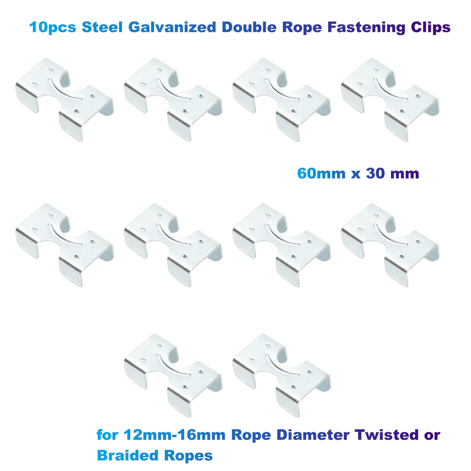 10pcs Steel Galvanized Double Rope Fastening Clips( 60 x 30 mm) for 12mm-16mm Rope Diameter Twisted or Braided Ropes