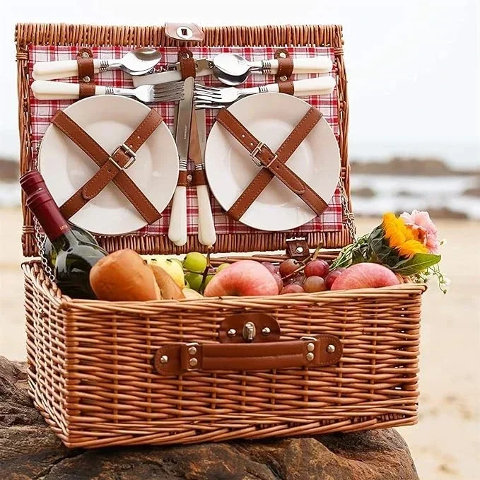 Vintage Hand-woven Picnic Basket, Handwoven Willow Construction Flat Lid Design Basket Natural Wicker with Pretty Gingham/