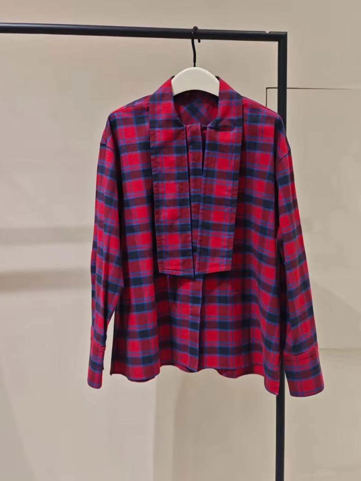 

Женская рубашка-кардиган из чистого хлопка с высоким круглым воротником, весна 2026, в клетку, с поясом, повседневный стиль, длинный рукав, воротник-стойка