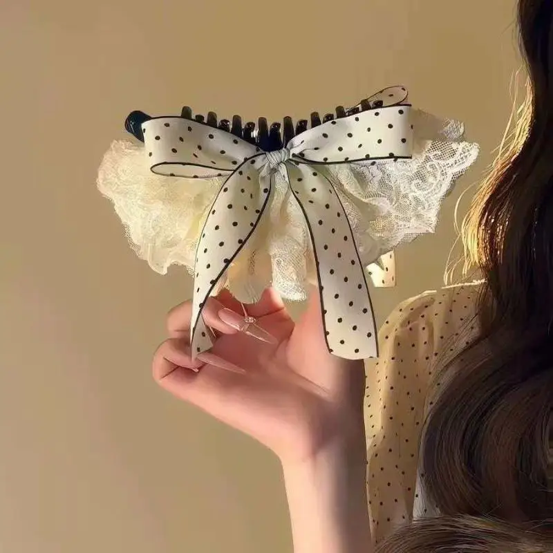 Gepunktete Schleifen-Haarspange im koreanischen Stil, süße Halb-High-Ponytail-Halterung, rutschfeste Haarspange, mädchenhaftes Party-Haar-Accessoire – Detail 3