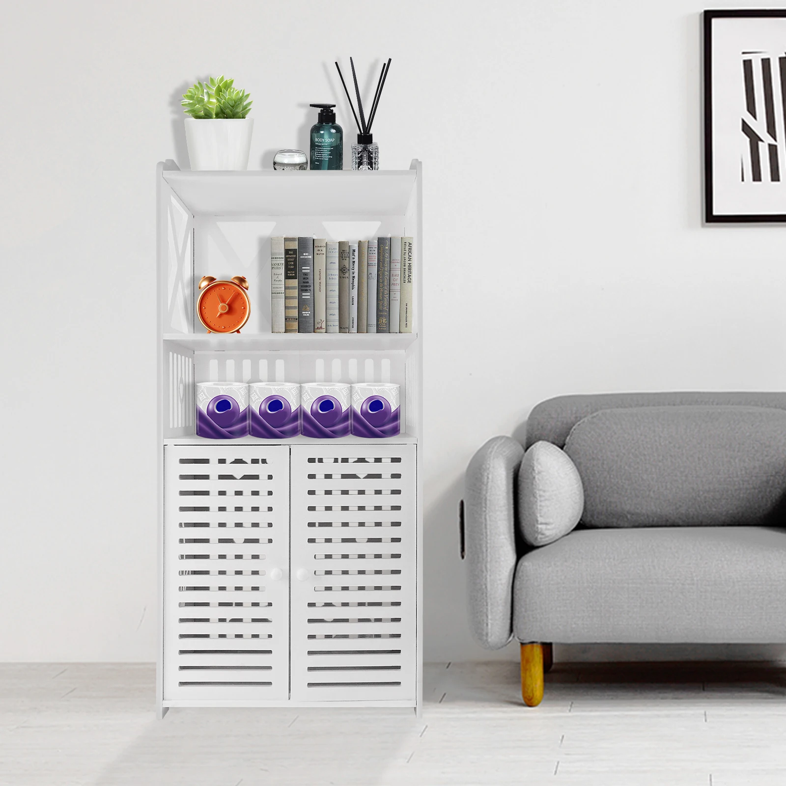 Bathroom Floor Cabinet,Waterproof FreeStanding Bathroom Storage Unit with Daily Use Layer and Cupboard Double Door,3-Tiers PVC