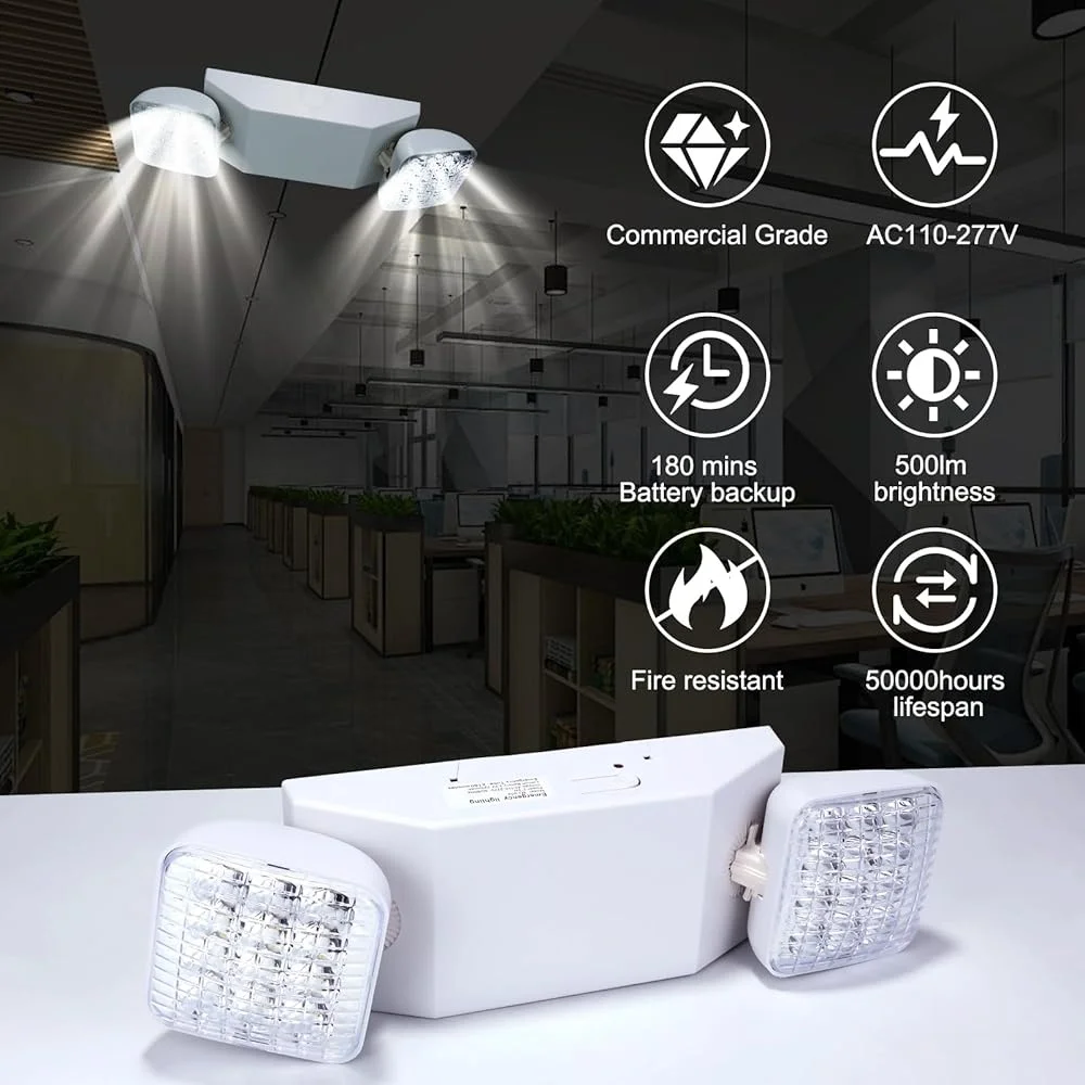 Emergency Lights Dual Head Battery Backup Commercial Exit Light Adjustable Angle Indoor Outdoor Power Failure Safe