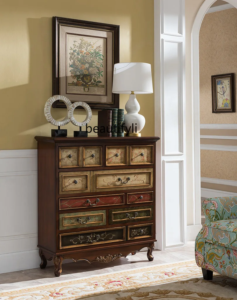 

European-Style Solid Wood Chest of Drawers American Country Living Room Entrance Cabinet Storage Cabinet Mediterranean