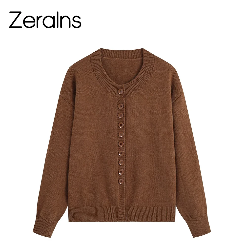 ZERAINS New women's clothing European and American style high-end solid color multi button brown knitted cardigan