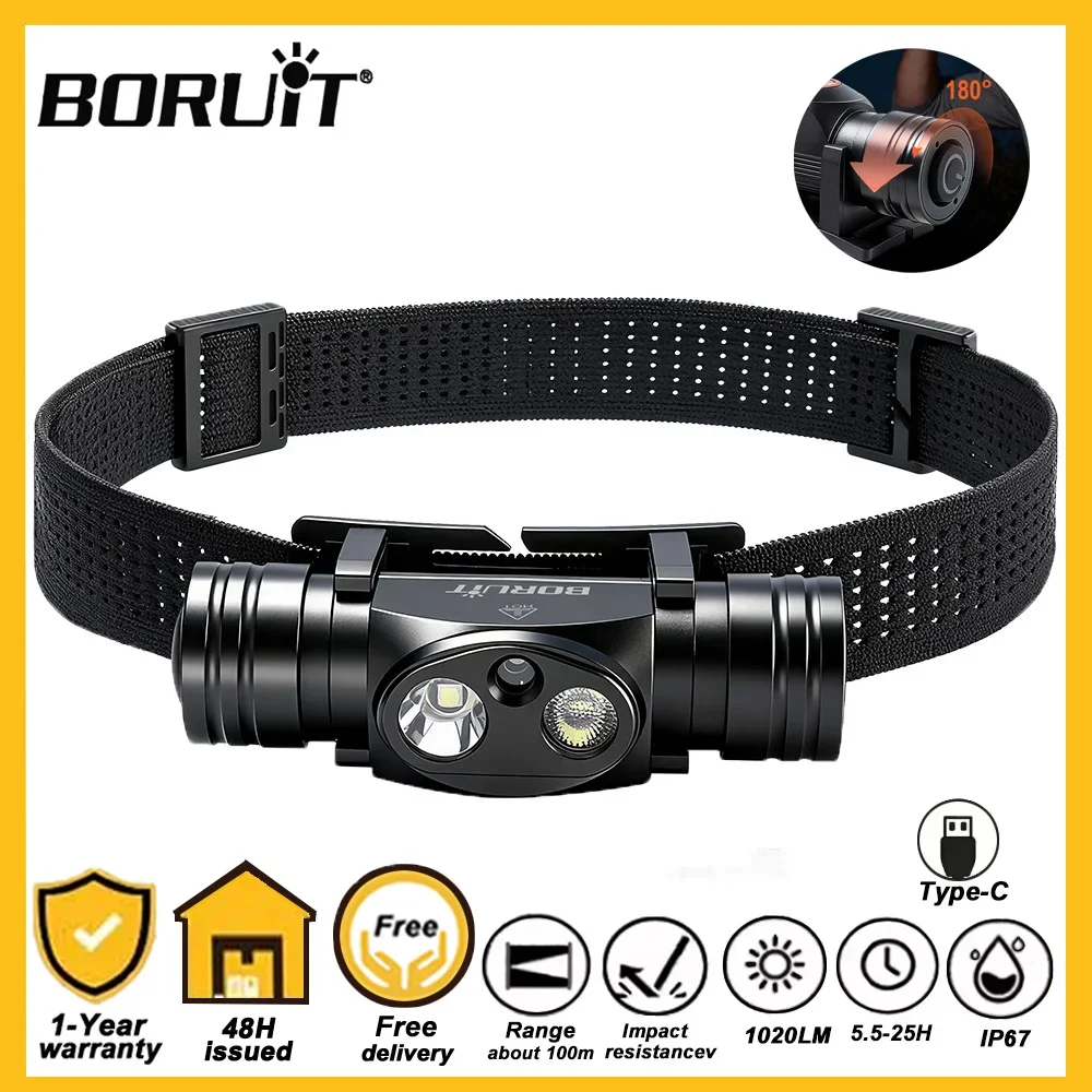 BORUiT HP440/HP400 LED كشافات أبيض أحمر عالي الطاقة 1020LM المصباح نوع C قابلة للشحن مقاوم للماء التخييم الصيد رئيس الشعلة #1