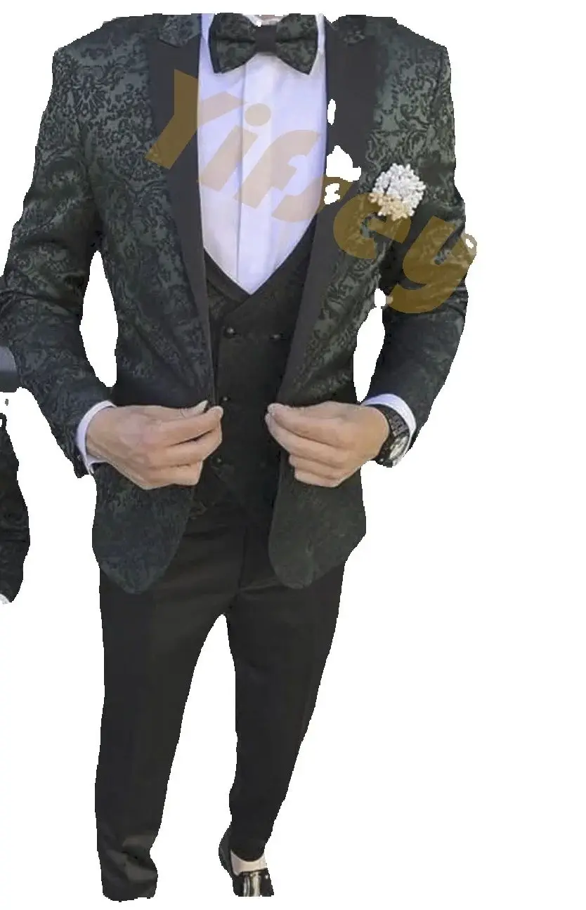 Green Jacquard 3pcs Black Solid Color Pants Costume Godmother Wedding Set Tailor-Made Suits Blazer Dinner Party Wear Social Suit